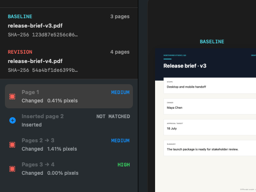 DiffReceipt source hashes and sequence-aware page matches